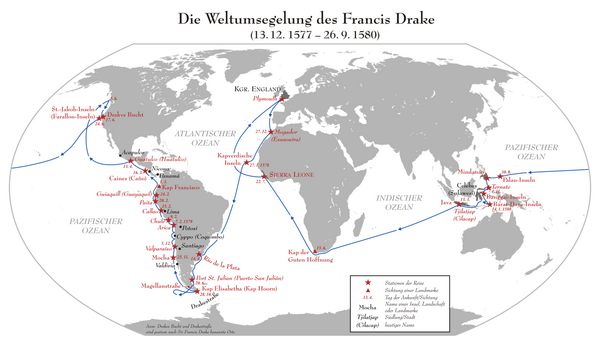 Drakes Route bei seiner Weltumsegelung. Klick zum Vergrößern! https://de.wikipedia.org/wiki/Benutzer:Lencer https://creativecommons.org/licenses/by-sa/3.0/legalcode Karte Weltumsegelung Francis Drake Francis Drake Route