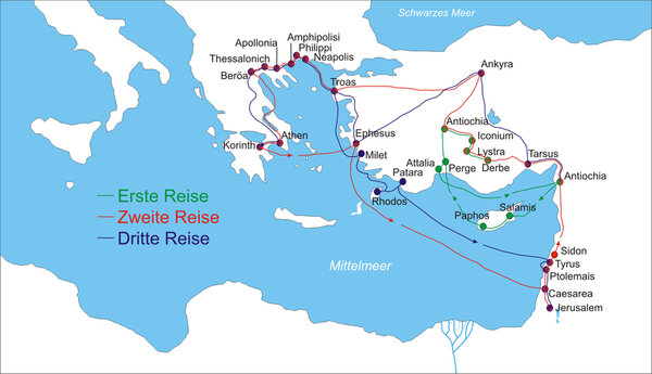 Landkarte zu Reisen des Paulus